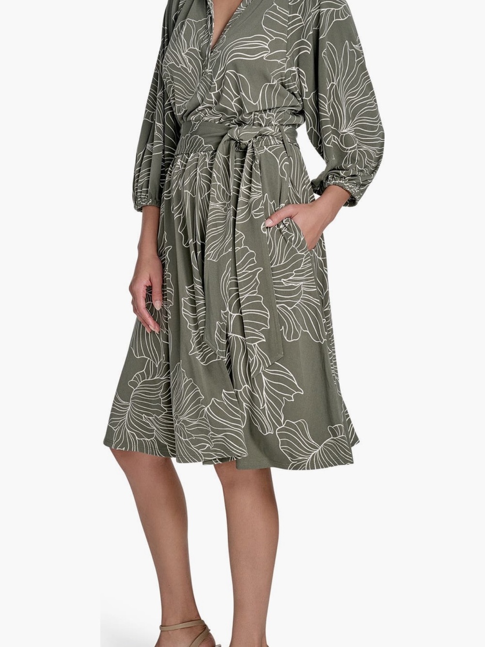 Calvin Klein Olive Green Floral Wrap Midi Dress